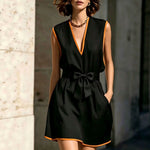 Contrast Piping V-Neck Self Tie Belt Sleeveless Mini Dress