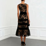 Nude Mesh Black Floral Lace Velvet Strip Sleeveless Midi Dress