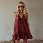 Mustard Tie Front Spaghetti Strap Linen Mini Dress
