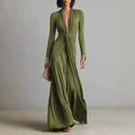 Olive Green Deep V-neck Pleated Glamorous Maxi Dress