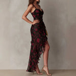 Black Flower Print Irregular Ruffle Suspender Dress
