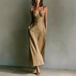 Linen Thin Strap Bustier Seamed Midi Slip Dress