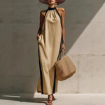 Halter Neck Contrast Trim Maxi Dress