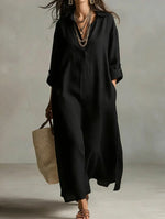 Lazy Style Solid Color Lapel Casual Long-Sleeved Shirt Dress