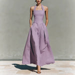 Halter Square Neck Pleated A-Line Midi Dress