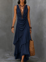 Sleeveless Draped V-Neck Asymmetrical Ruffle Maxi Dress
