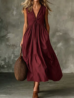 Cross-Border Elegant Casual Style Pocket V-Neck Pleated Sleeveless Vest Dress