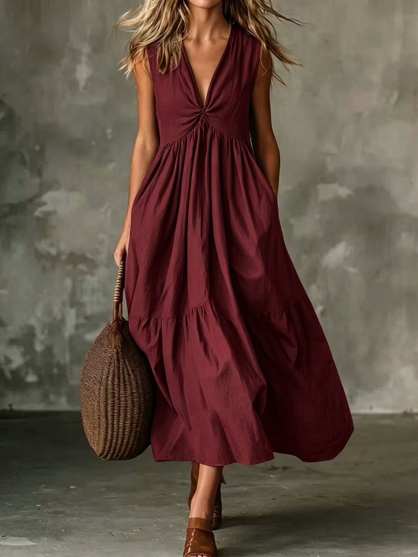 Cross-Border Elegant Casual Style Pocket V-Neck Pleated Sleeveless Vest Dress