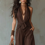 Earthy Brown Halter Wide-Leg Jumpsuit