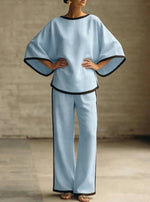 Women'S Elegant Round Neck Loose Bat Sleeves Cotton And Linen Two-Piece Set