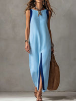 Two-Tone Color Block Sleeveless Straight Midi Dress