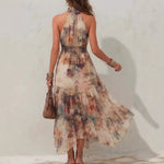 Sleeveless Vintage Watercolor Print Ruffled Flowy Vacation Dress