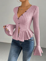 Cross-Border Women'S European And American Elegant Style T-Shirt 2026 Spring And Summer New V-Neck Ruffled Slim Temperament Fleece Top