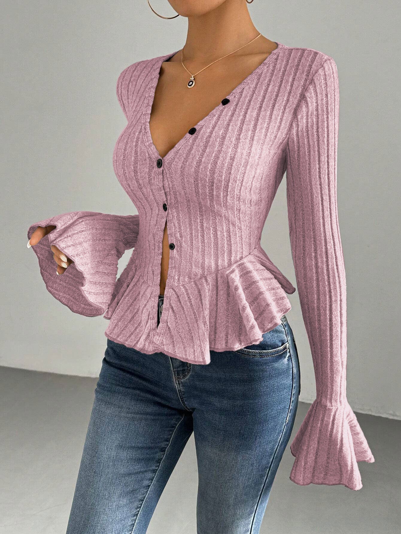 Cross-Border Women'S European And American Elegant Style T-Shirt 2026 Spring And Summer New V-Neck Ruffled Slim Temperament Fleece Top