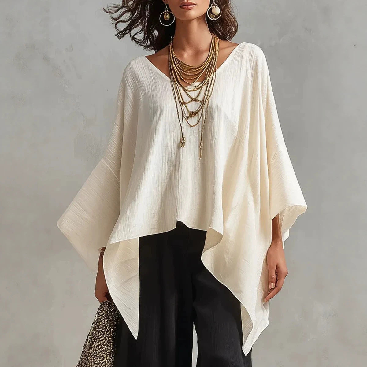 Women's V-neck 3/4-sleeve Casual Loose Cotton-linen Top