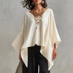 Women's V-neck 3/4-sleeve Casual Loose Cotton-linen Top