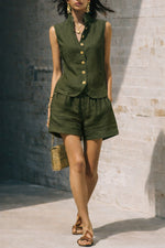Linen Stand Collar Sleeveless Vest & Elastic Waist Shorts 2 Piece Co-Ord Set