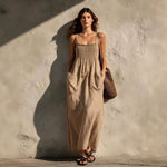 Smocked Square Neck Spaghetti Strap Pocket Linen Blend Maxi Dress