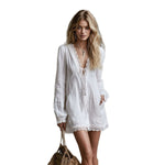 Textured Linen Lace Trim Tie Front Long Sleeve Mini Tunic Dress