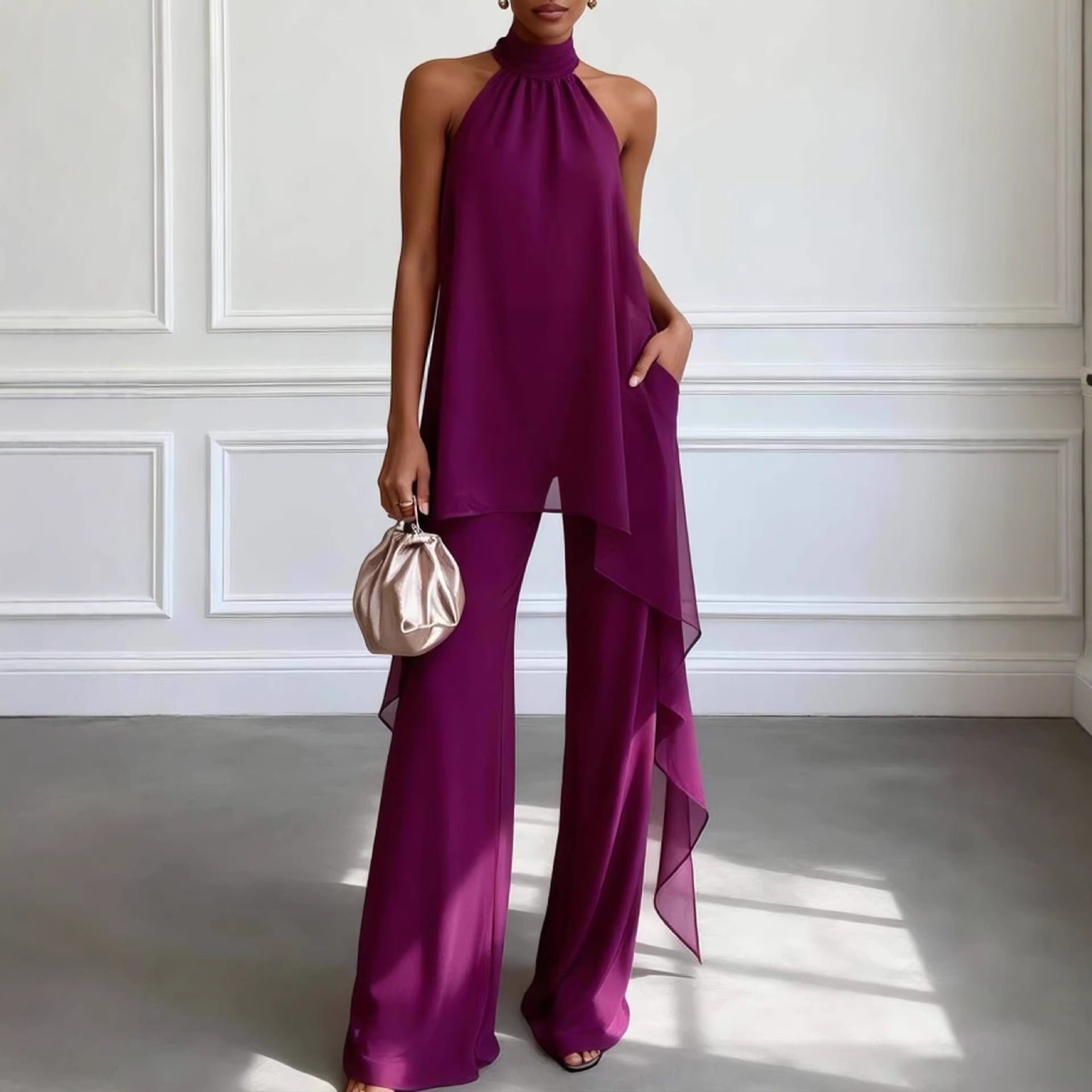 Elegant Deep Purple Chiffon Halter Neck Two-Piece Wide-Leg Pants Set