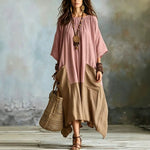 Color Block 3/4 Sleeve Round Neck Linen Blend Irregular Hem Maxi Dress With Pockets