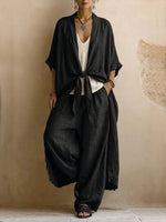Oversized Linen Kimono & Wide Leg Pants Two-Piece Set