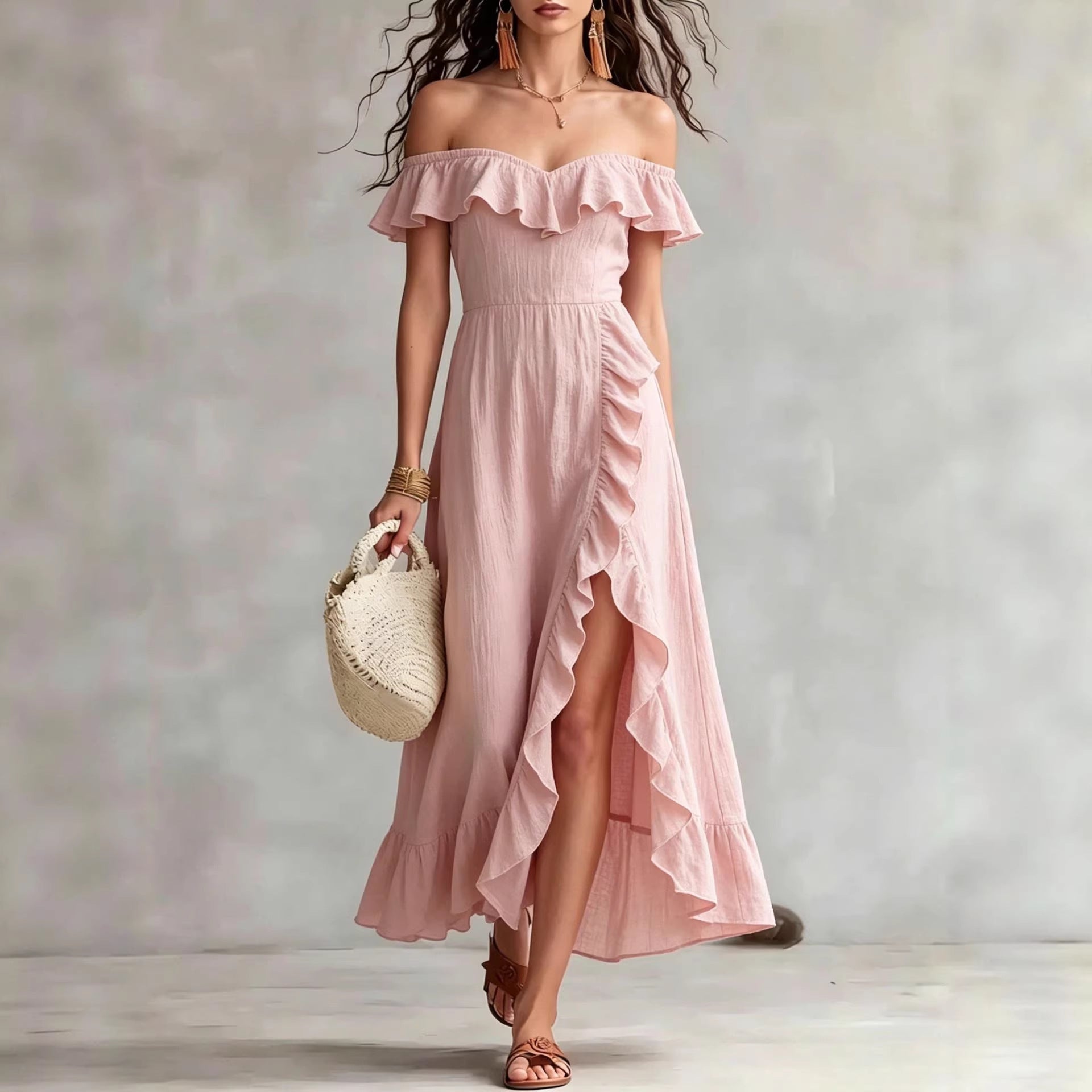 Women's Summer Cotton Off Shoulder Ruffled Ruched Flowy Maxi Dress