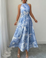 Summer Halter-Neck Waist-Cinching Sleeveless Ruffle Dress