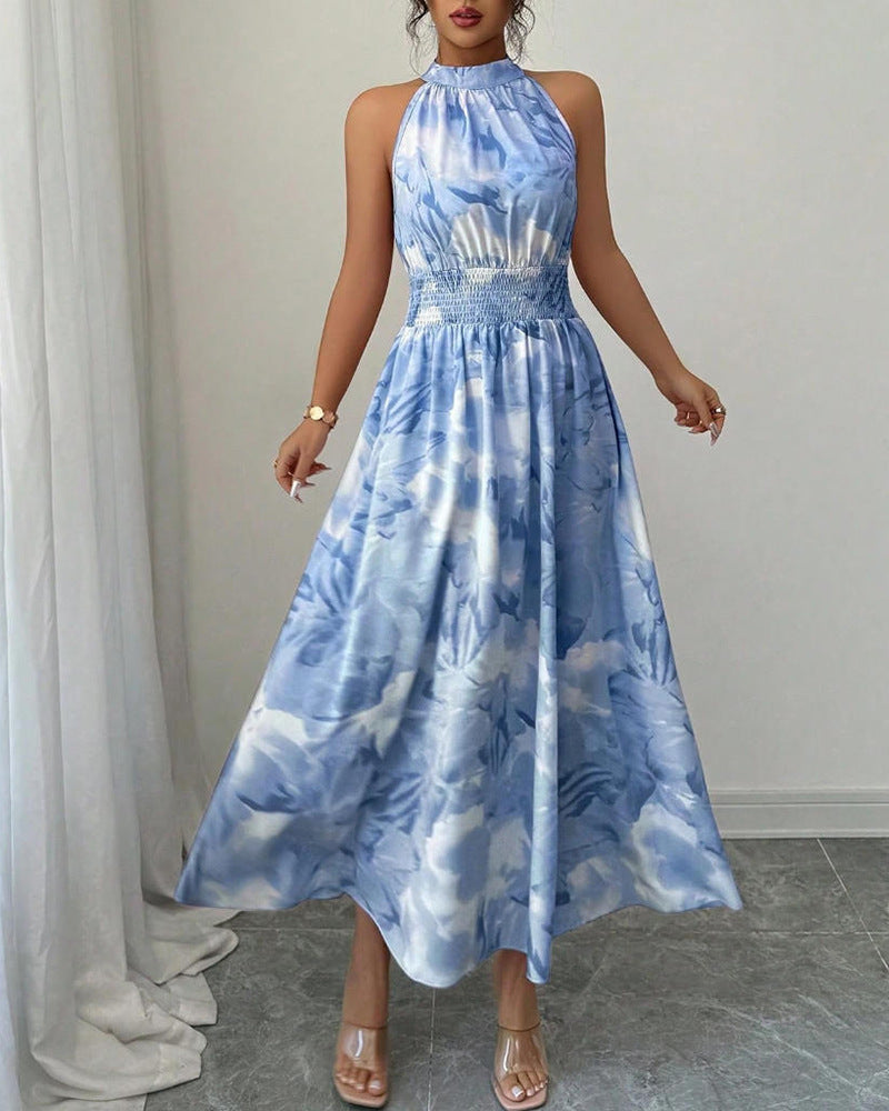 Summer Halter-Neck Waist-Cinching Sleeveless Ruffle Dress