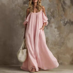 Cold Shoulder Puff Sleeve Pocketed Flowy White Maxi Caftan Dress