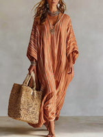 Women's Light Striped Linen-Blend Kaftan Maxi Dress - Oversized V-Neck Beach Cover-Up