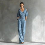 Cold Shoulder Wrap V Ruched Waist Wide Leg Jumpsuit