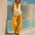 V-Neck Sleeveless Vest Wide-Leg Pants Suit Loose Casual Two-Piece Set For Women