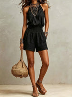 Linen Halter Smocked High Waist Short Jumpsuit