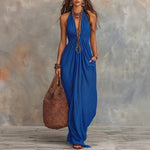 Halter V-Neck Linen-Blend Maxi Dress