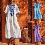 Linen Floral Embroidery V Neck Short Sleeve Midi Kaftan Dress
