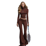 Rib Turtleneck Crop Long Sleeve Top & High Waist Flare Leg Pant 2 Piece Sporty Co-Ord Set
