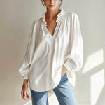 Ruffle V-Neck Crinkled Texture Balloon Sleeve Blouse