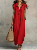 Boho Ruffled V-neck Linen Maxi Dress