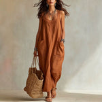U-Neck Sleeveless Loose Pocket Maxi Dress, Casual Flowy Long Dress
