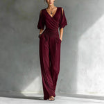 Cold Shoulder Wrap V Ruched Waist Wide Leg Jumpsuit