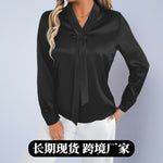 Real Shot Of Foreign Trade Women'S European And American Style Autumn And Autumn Denim Satin Shirt 25 Autumn New Product Simulated Silk White Blouse