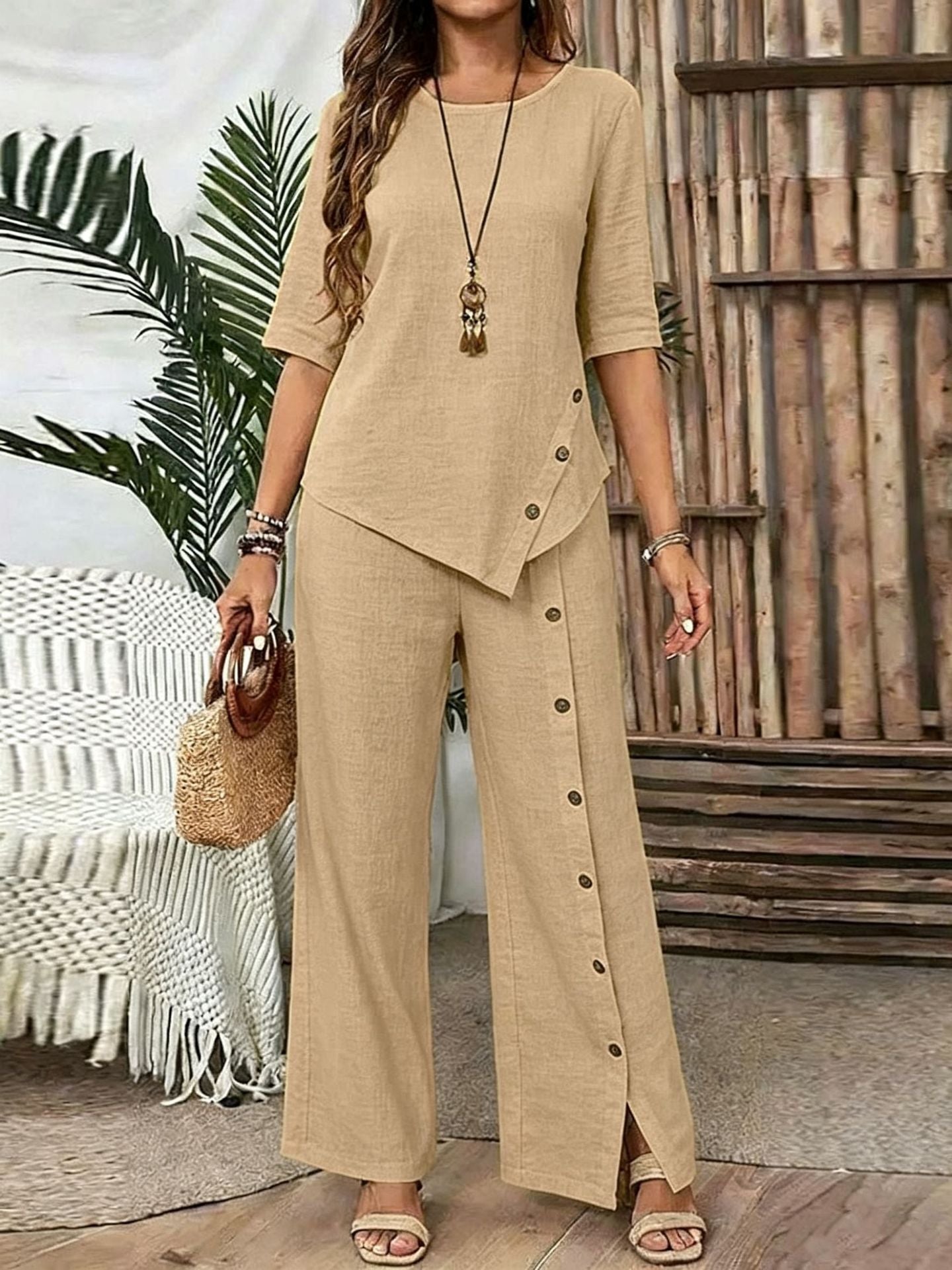 Women'S Irregular Hem Pants Suit Elegant Fashion Casual Button Half Sleeve Shirt Loose Two-Piece Set