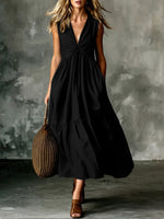 Cross-Border Elegant Casual Style Pocket V-Neck Pleated Sleeveless Vest Dress
