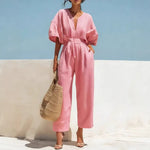 Women's Casual Linen Jumpsuit with Lantern Sleeves