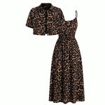 Casual leopard print short-sleeved cardigan and slip dress two-piece set