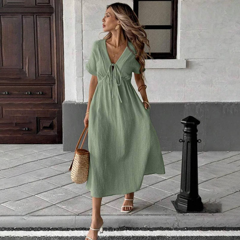 Front tie V-neck A-line dress
