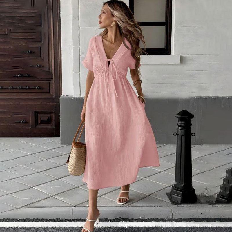Front tie V-neck A-line dress