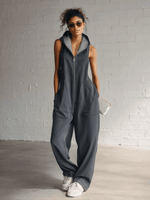 Vintage Nautical Sporty Hooded Sleeveless Front-zip Dark Gray Cotton Jumpsuit
