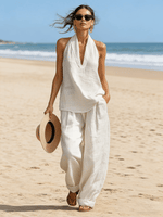 Casual Urban Style White Linen V-neck Sleeveless Top And Wide Leg Pants Set